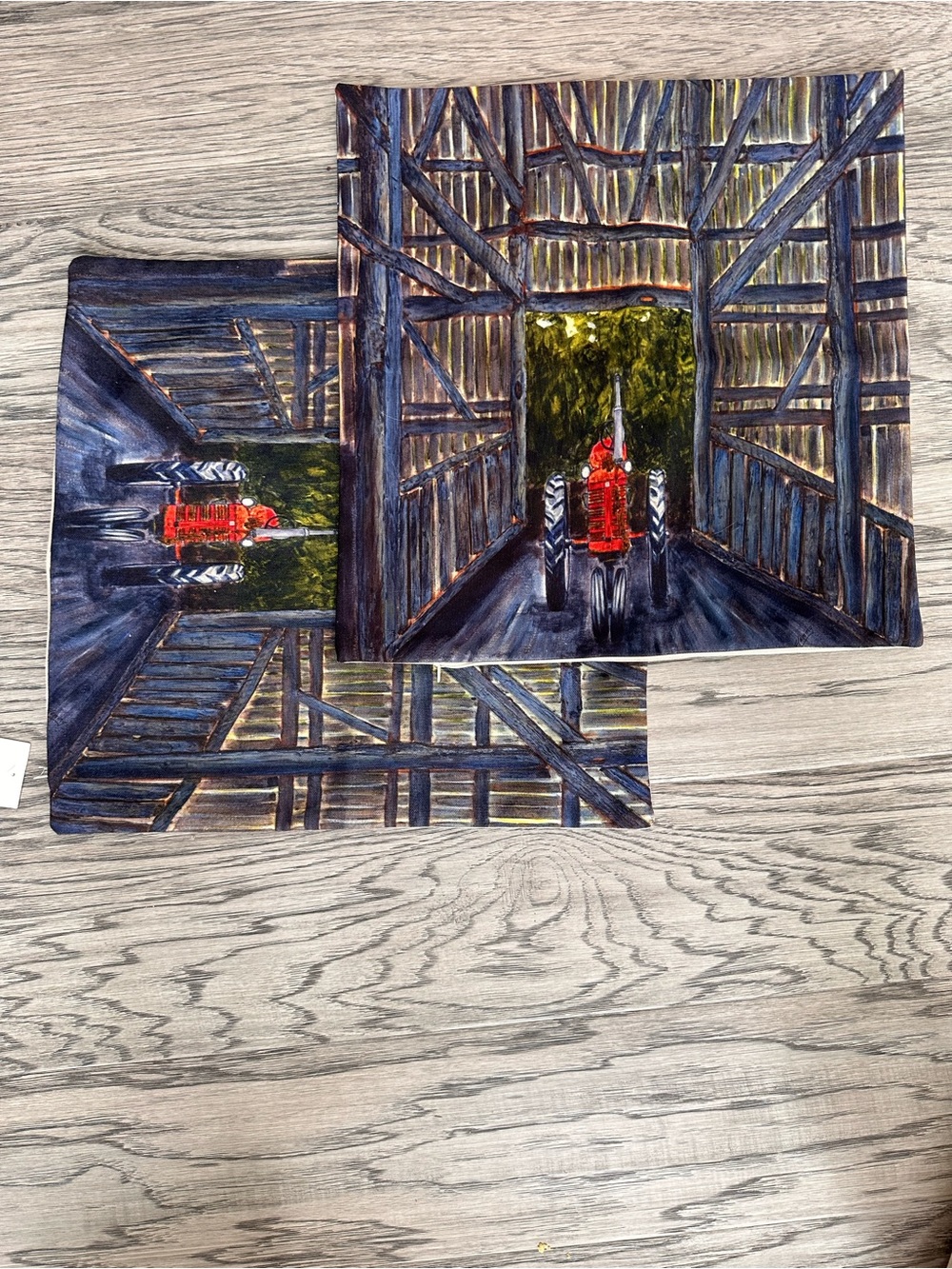 Set of two- Red Tractor Barn Interior Art Print - Unbranded